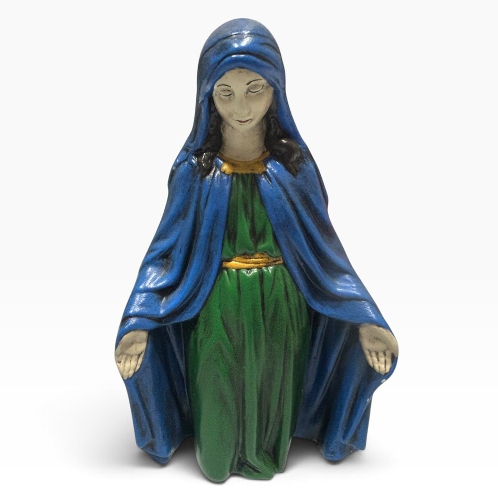 Vintage 1970s Holland Mold Virgin Mary Ceramic Figurine Hand Painted Blue Green